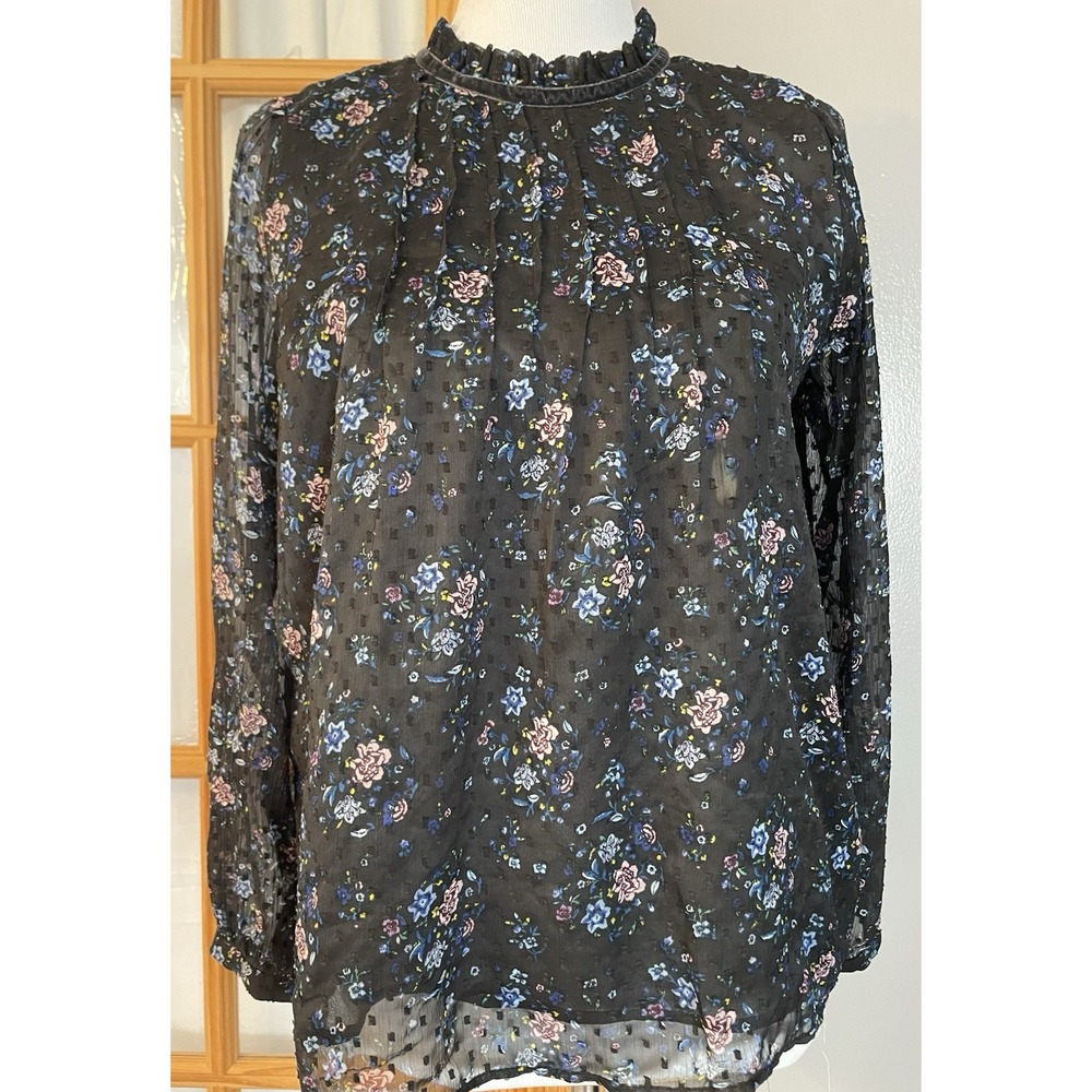 Y2K Loft Pleated Floral Blouse M Gray Pink Sheer Lined Long Sleeve Boho Career